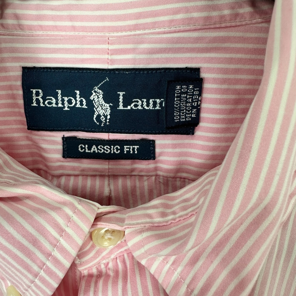Ralph Lauren Button Up Shirt Mens 16.5 Pink White Striped Cotton Classic‎ Fit - Picture 4 of 8